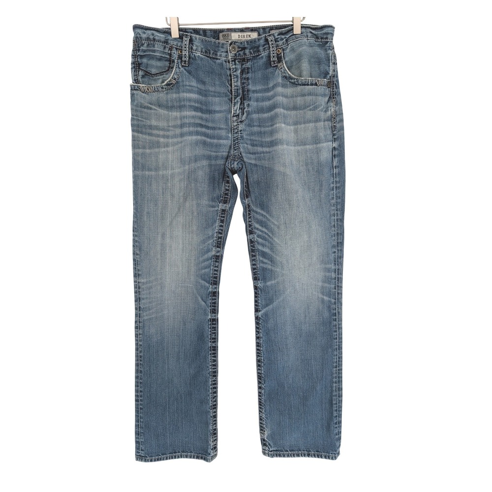 BKE Derek Jeans Mens 36L Blue Medium Wash Heavy Stitch Distressed Y2K Streetwear
